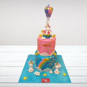 "Hot Air Balloon Unicorn Theme Girls Birthday Cake 4 Kg with magical hot air balloon and unicorn decorations, perfect for a whimsical and enchanting birthday celebration."