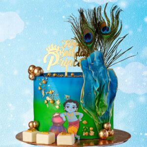 "Krishna Theme Kids Birthday Cake 1 Kg with vibrant Krishna-themed decorations, ideal for a culturally rich and joyful birthday celebration."