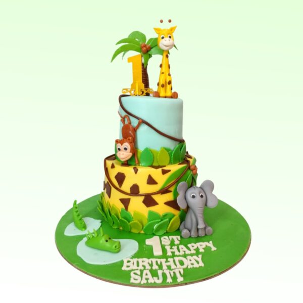 Lovely animals theme first birthday cake 5 Kg, featuring a lively animal theme, ideal for a fun and colorful first birthday celebration.