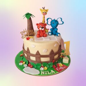 Perfect Animals Kids Birthday Cake 1 Kg For Kids decorated with cute mini animal figures, perfect for kids' birthday celebrations.