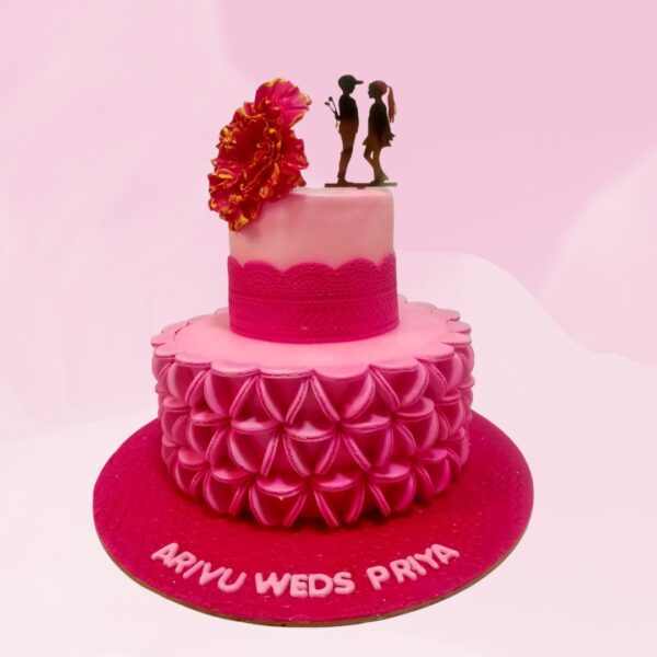 Romantic Pink Love Wedding Cake 4 Kg featuring multiple tiers in varying shades of pink, adorned with delicate sugar flowers and heart-shaped accents, crafted by Cake Square Chennai.