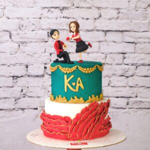 Charming Playful Proposal 5 kg wedding Cake featuring a miniature proposal scene, adorned with colourful fondant details and romantic accents, created by Cake Square Chennai.