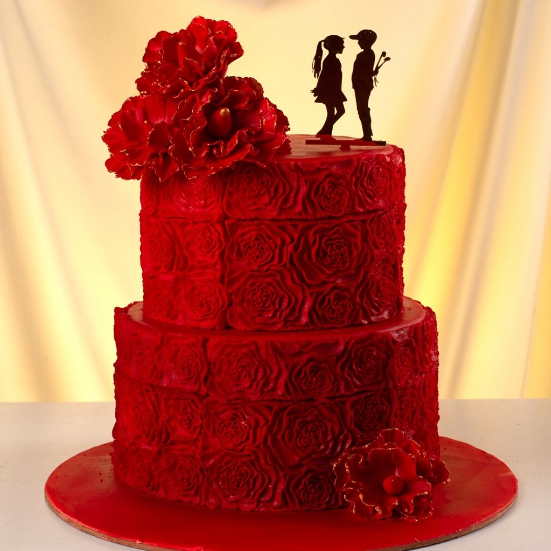 Elegant Red Roses 3 Kg Wedding reception Cake with multiple tiers adorned with cascading sugar red roses and delicate fondant details, created by Cake Square Chennai.