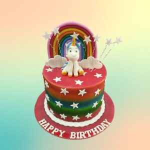 "Red Unicorn Girls Birthday Cake 1 Kg featuring a striking red unicorn design, perfect for a unique unicorn-themed birthday celebration."