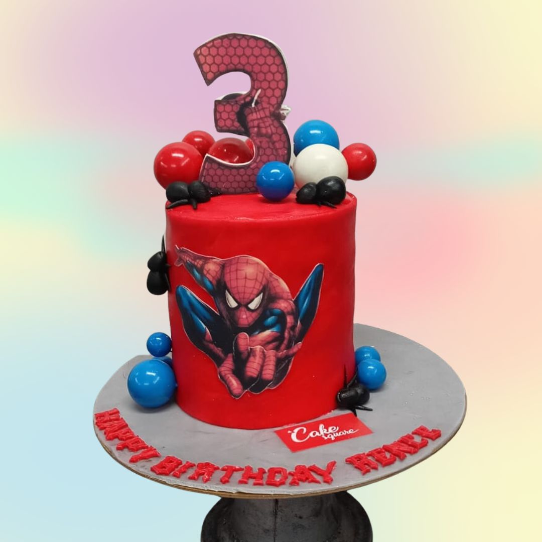 "Spiderman Theme Kids Birthday Cake 1 Kg with dynamic Spiderman decorations, ideal for an action-filled and heroic birthday celebration."