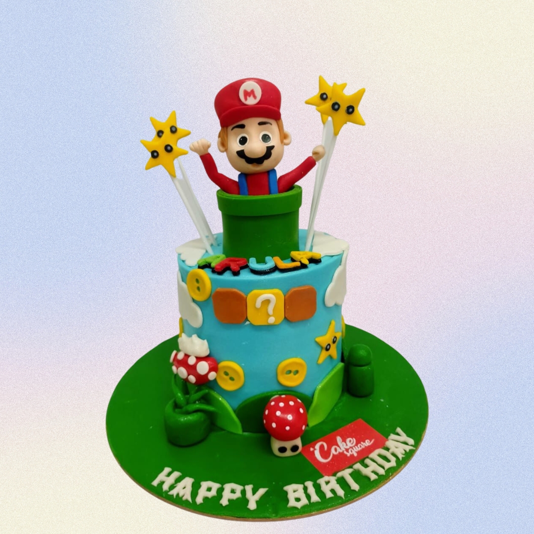 "Super Mario Theme Kids Birthday Cake 1 Kg with colorful Mario designs, perfect for Super Mario fans."