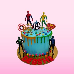 "Super Heroes Theme Boys Birthday Cake 1 Kg with designs featuring iconic superheroes, perfect for superhero-themed birthdays."