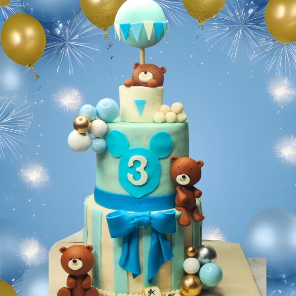 "Teddy in Hot Air Balloon Boys First Birthday Cake 5 Kg featuring a charming teddy bear in a hot air balloon, perfect for a whimsical and memorable first birthday celebration."