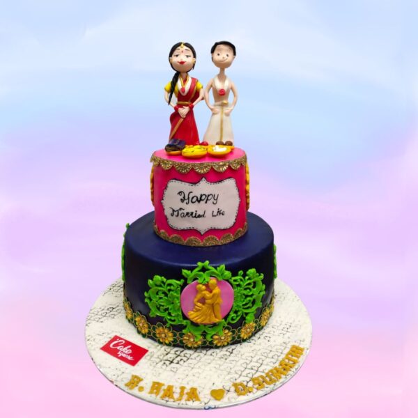 Elegant Traditional Couple 4 kg Wedding engagement Cake featuring vibrant colors, intricate cultural motifs, and a charming couple topper, meticulously crafted by Cake Square Chennai to celebrate the couple's heritage.