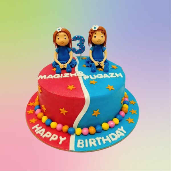 "Twin Girls Third Birthday Cake 1 Kg with playful designs for twin girls, perfect for a third birthday celebration."