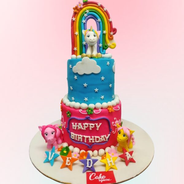 "Unicorn Theme Girls First Birthday Cake 5 Kg featuring magical unicorn designs, perfect for a grand unicorn-themed first birthday celebration."