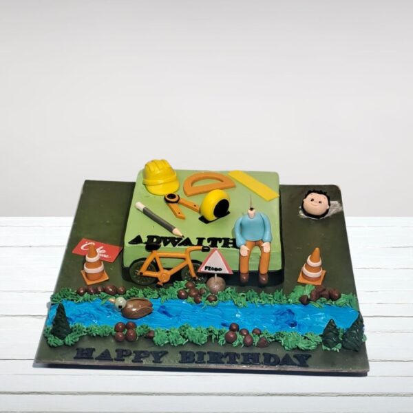 Colorful 2 Kg Construction Theme Kids Birthday Cake with construction site scene and toy-like vehicles