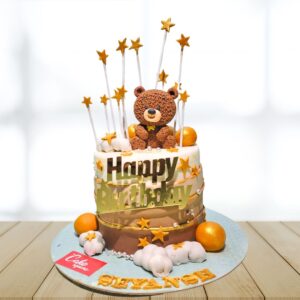 Cake Square's 2 Kg Kids Birthday Cake Teddy Bear Theme with 3D fondant teddy bear and colorful balloon decorations