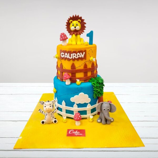 Cake Square's Awesome Animals First Birthday Cake 4 Kg featuring a variety of colorful fondant animals and safari elements