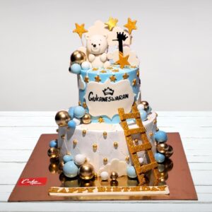 Cake Square's Blue Teddy Boys First Birthday Cake 5 Kg with 3D teddy bear topper and balloon decorations