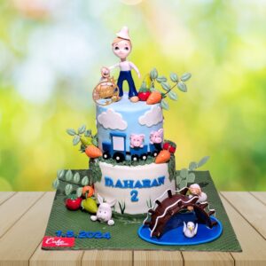 This Boy in A Farm Birthday cake 4 Kg is a Farm-themed birthday cake with boy figurine, animals, and rustic decorations