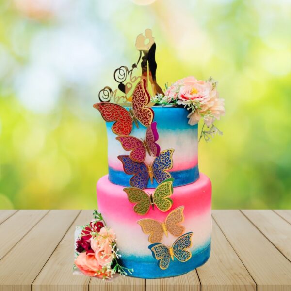 Whimsical, multi-tiered Butterfly Wedding Cake 3 Kg adorned with delicate fondant butterflies in a colorful display.