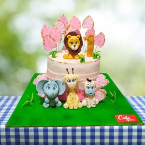 Cake Square's Cute Pink Animal Birthday Cake 2 Kg featuring various cute fondant woodland animals