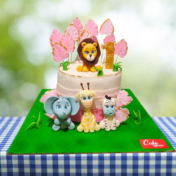 Cake Square's Cute Pink Animal Birthday Cake 2 Kg featuring various cute fondant woodland animals