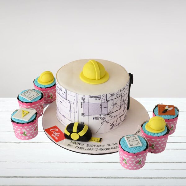 Engineer Genius 2 Kg Birthday Cake with 6 Cup Cakes with tools and blueprints, 2 kg, accompanied by 6 cupcakes