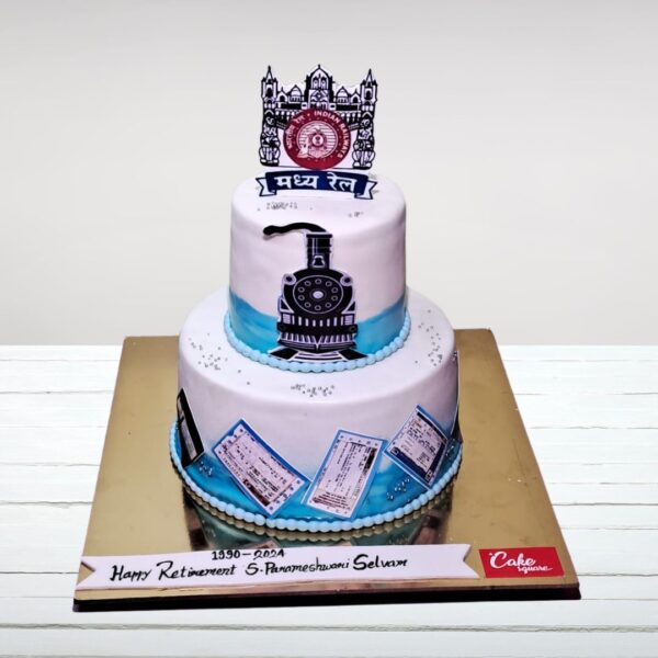 Elaborate 3 kg retirement cake with railway-inspired decorations is Railway Theme Retirement Cake 3 Kg