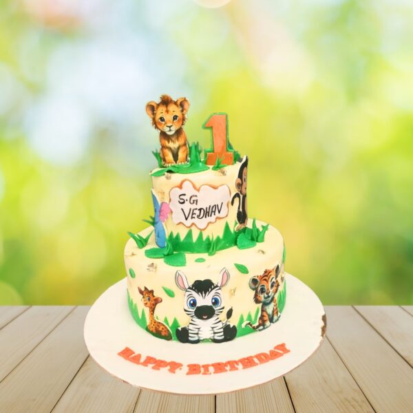 "Adorable Creamy Animals First Birthday Cake 4 Kg with creamy textures, available at cake shop near me in Chennai"