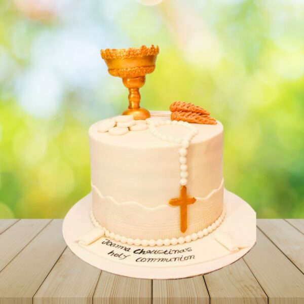 "First Holy Communion 1 Kg Cake featuring sacred symbols and pure white design, ideal for an intimate celebration of this religious milestone. Order your theme cake from Cake Square Chennai."