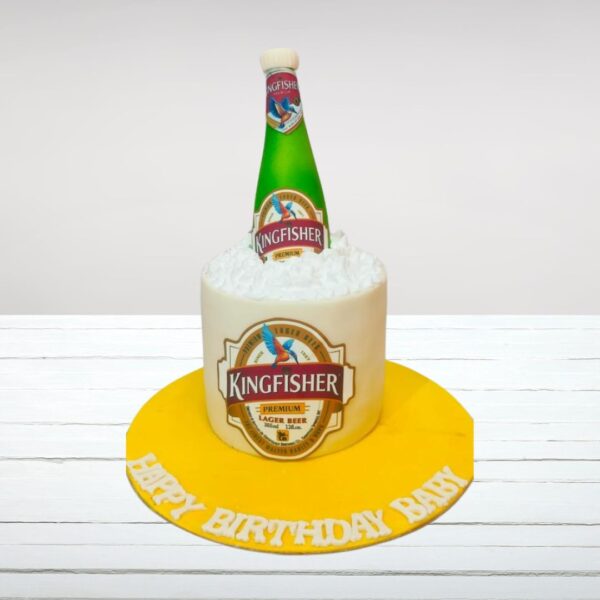 "King fisher Theme Bachelor party cake 2 kg featuring beer-inspired design, perfect for a lively pre-wedding celebration. Order your theme cake from Cake Square Chennai."