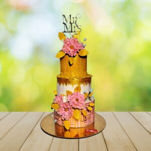 "Luxurious Mr and Mrs Wedding Cake 7 Kg in Gold | Premium wedding cakes Chennai"