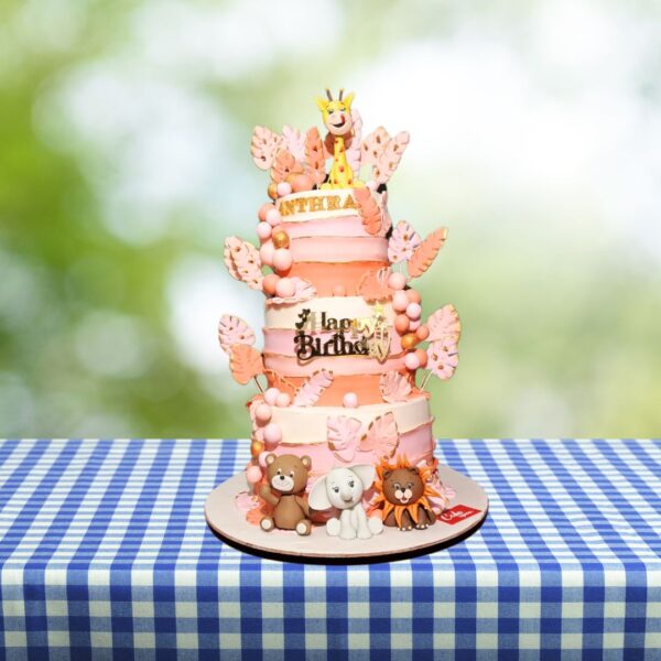 "Luxurious Peachy Baby Animals Theme First Birthday Cake 8 kg with intricate details, same day delivery in Chennai"