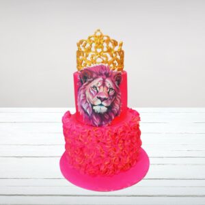 "Pretty Pink Lion Crown Birthday cake 4 Kg featuring a majestic lion wearing a crown, ideal for a royal safari-themed party. Order your theme cake from Cake Square Chennai."