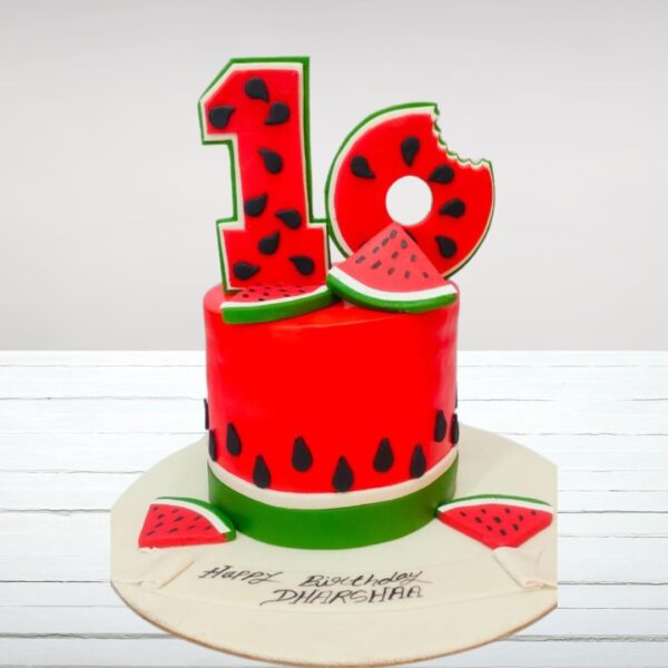 Red watermelon 10th Birthday cake from Cake Square Chennai, featuring a vibrant watermelon design perfect for a refreshing summer birthday celebration.