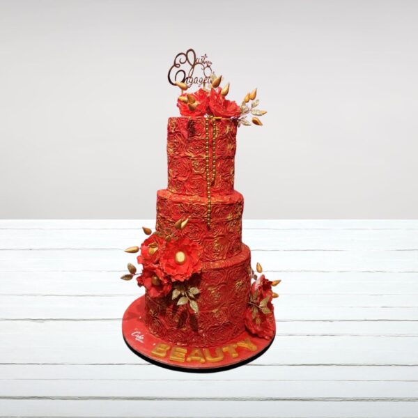 "Royal Red 3-tier Engagement cake featuring elegant crimson design, perfect for a passionate celebration of love. Order your engagement cake from Cake Square Chennai."