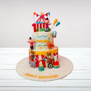 "Colorful Spectacular Circus Theme First Birthday Cake 6 Kg in Chennai featuring playful circus elements, perfect for same day delivery"